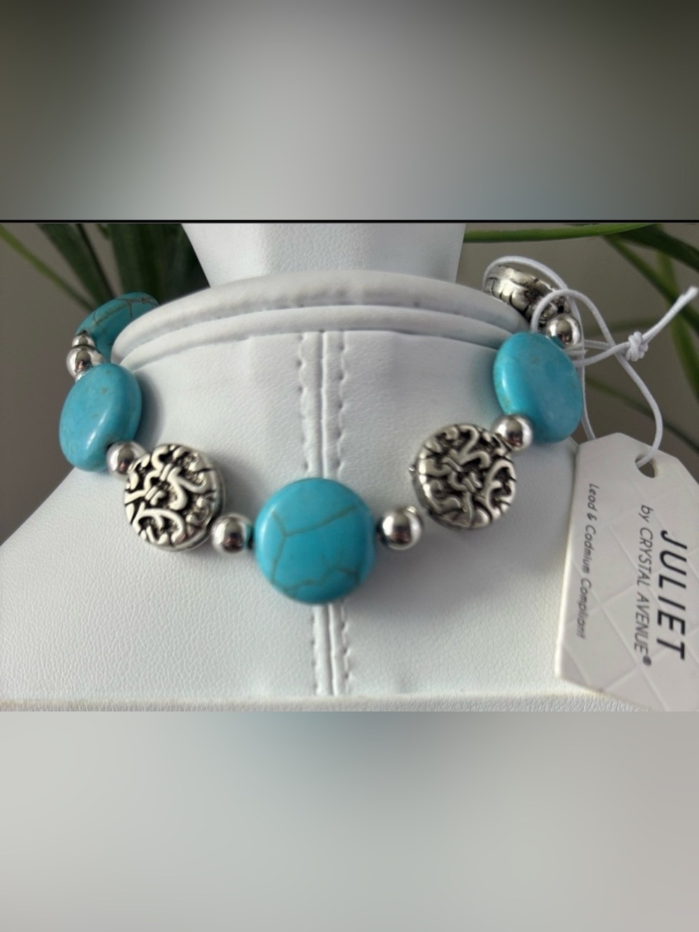 Crystal Ave Turquoise & silvertone circular disks, stretch bracelet,Western